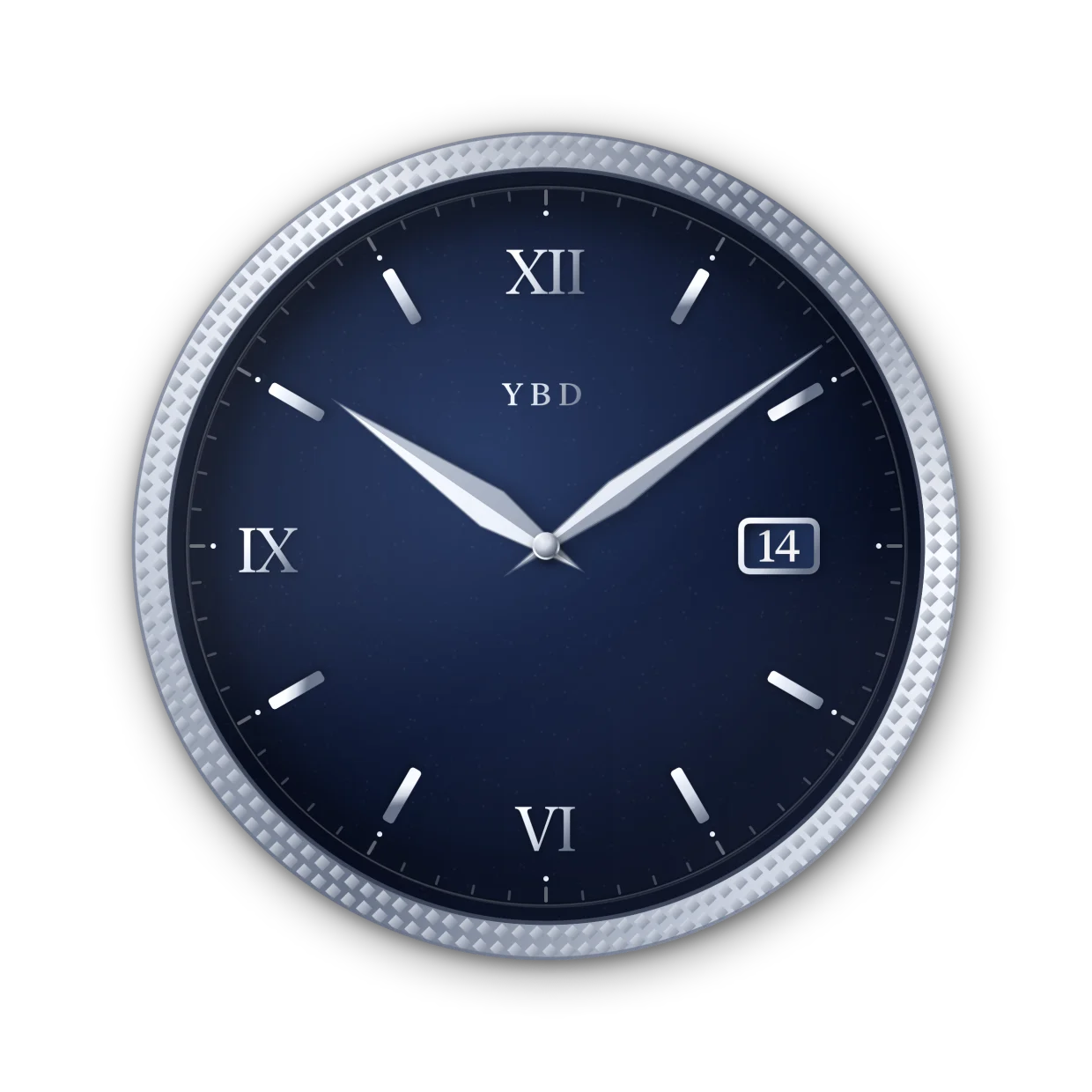 A platinum and midnight blue dress dial engraved with a three-letter monogram below twelve.