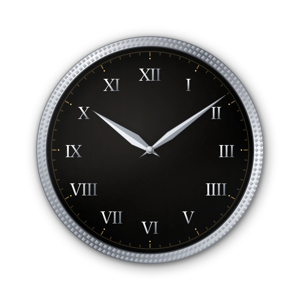 A gilt black dress dial with applied Roman numerals, showing IIII at four o'clock.
