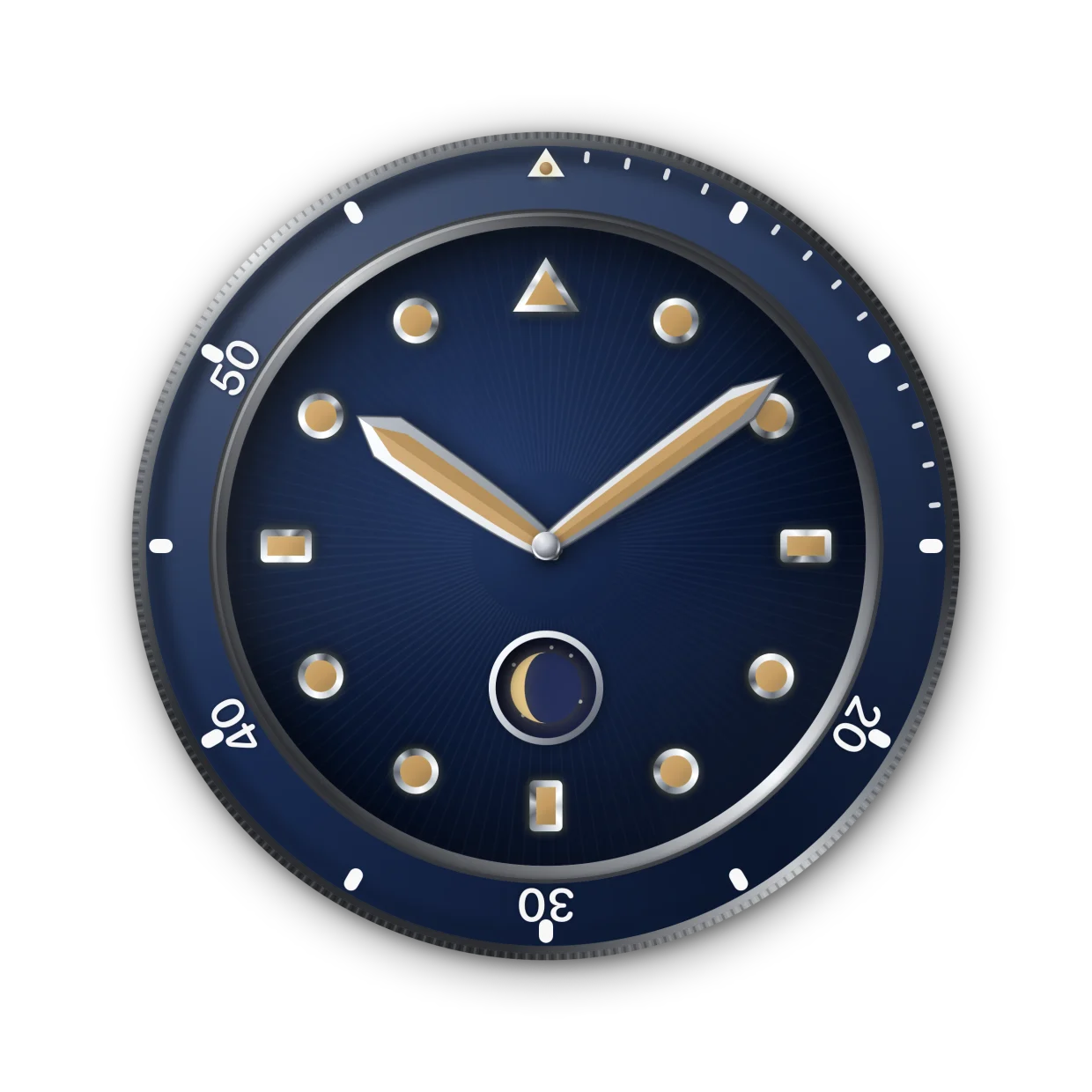 A navy diver dial with maxi plots in aged radium lume and a moon phase aperture at six.